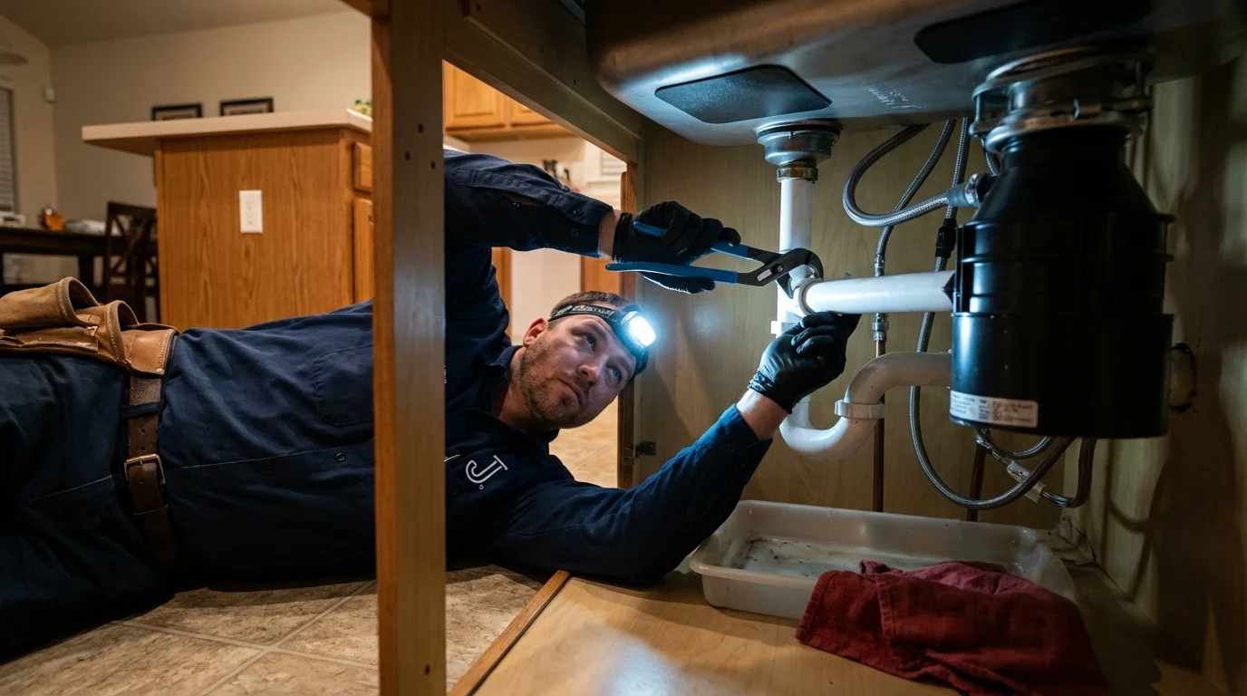 P-trap and supply line connections under a kitchen sink showing a common leak point in New Bern, NC